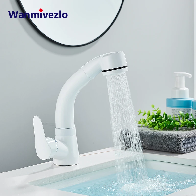 

Basin Faucet Hot&Cold Mixer Pull Out Spout Bathroom Faucet Black White Single Handle 360 Rotate Lift Up and Down Kitchen Faucet