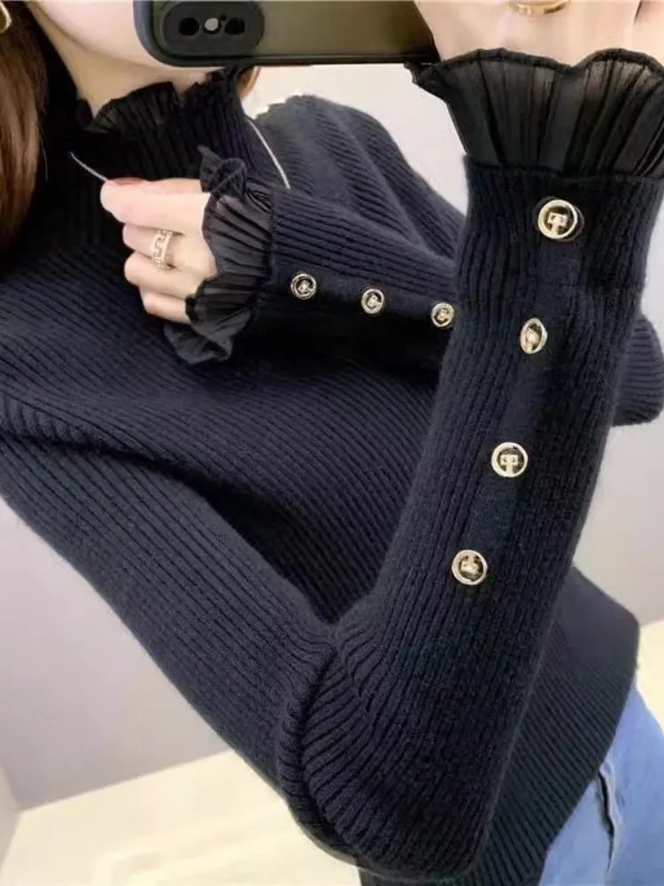 Haut tricoté avec bordure en dentelle, col haut, coupe cintrée, couche de Base, Cisas, décontracté, confortable, vêtements intérieurs pour femmes, pull mi-long