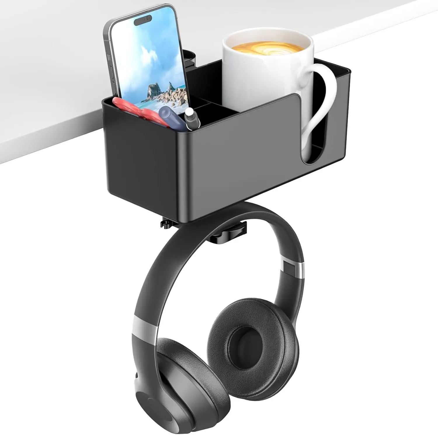 4-in-1 Desk Cup Holder with Rotating Headphone Hanger and Pen Cup, Clamp-on Under Desk Storage for Phone and Accessories (Black)