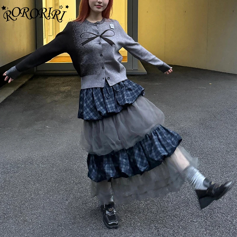 

RORORIRI Retro Plaid Stitch Mesh Puffy Cake Skirt Women Drawstring Ribbon Elastic Waist A-line Long Skirt Casual Autumn Clothes