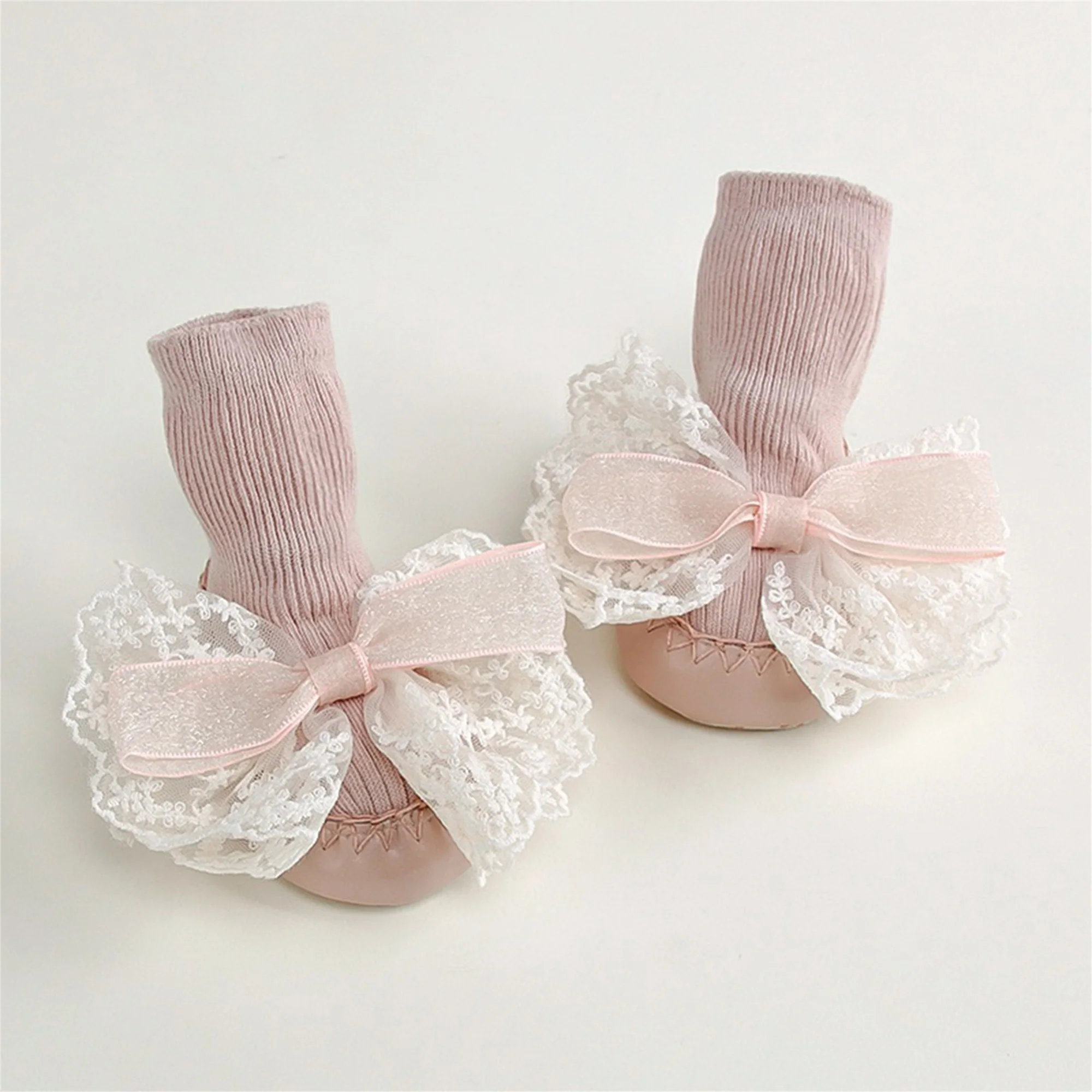 

Adorable Baby Girl Knitted Sock Shoes with Lace Bow Detail Soft Non-slip Flats for Newborn Infant Toddler Cozy Warm Walking