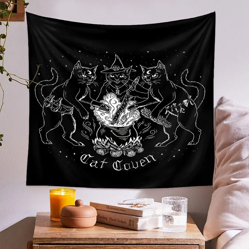 Black Cat Divination Printed Tapestry Indian Tarot Contrasting Wall Hanging Cloth Easy-To-Install Bedroom Meditation Room Decor