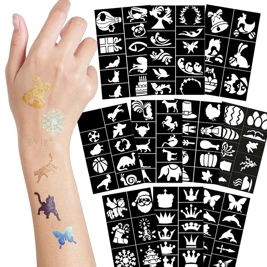 92pcs Glitter Tattoo Stencils 3pcs Rhinestone Stickers Reusable Stencil Templates DIY Face Body Art Decoration Party Supplies