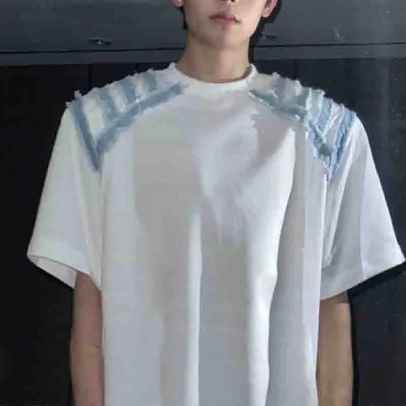 

Summer Cowboy Spliced Men Short Sleeve O Neck T Shirts Teenagers Fashion Hip Hop High Street Oversized Clothes Tops Black White