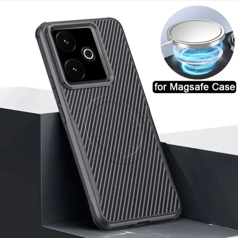 Kohlefaser-Textur-Magnethülle für Realme GT7 GT 7T, matt, stoßfest, kabelloses Laden, weiche Stoßstangenabdeckung für Realme GT 7 Pro