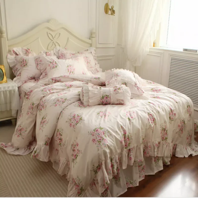 Egyptian Cotton Home Textile Flowers Print Princess Bedding Set Luxury Pink Ruffles Duvet Cover Bedspread Bed Skirt Pillowcases