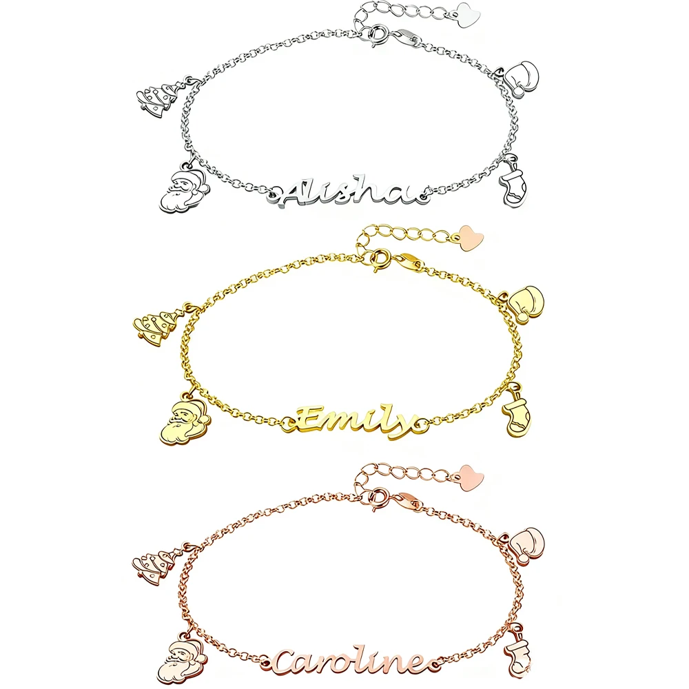 YOUSHANG Personalized Stainless Steel Name Bracelet Customizable Christmas Santa And Bell Pendant Holiday Gift for Family Kids