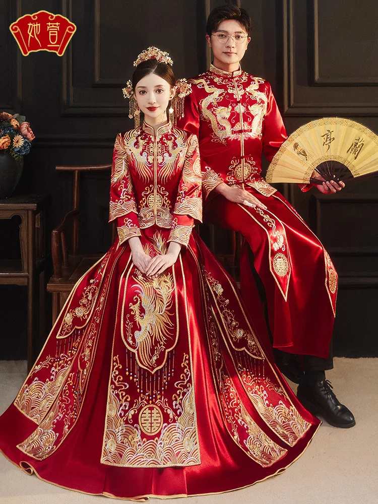 

Chinese Style Phoenix Embroidery Wedding Dress Couple Embroidery Cheongsam Traditional Bride Satin Qipao