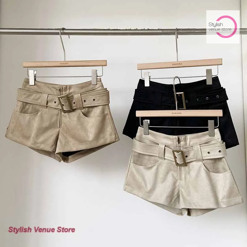 

American style solid color suede casual shorts women's spring and summer new high waist slim hot girls sexy hip hot pants.