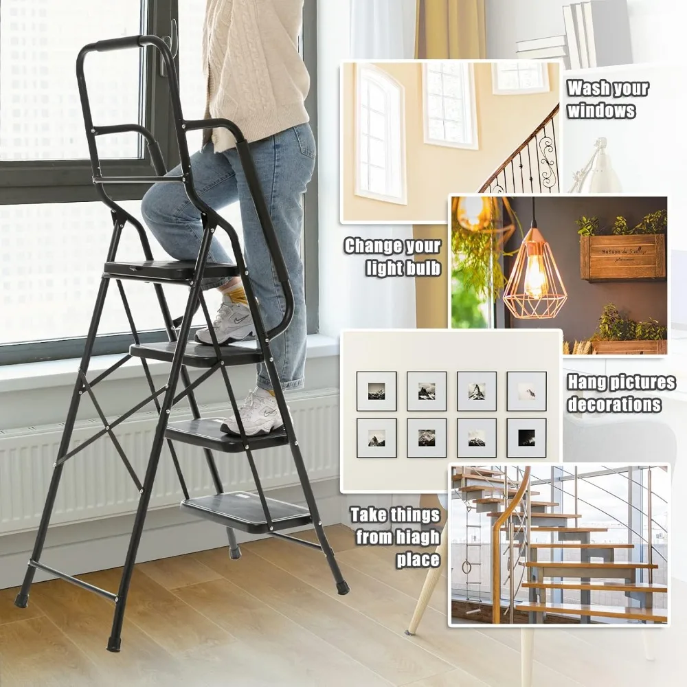 سلم فولاذي قابل للطي مع مساند للذراعين جانبية غير قابلة للانزلاق ودواسات كبيرة، محمول، يحمل ما يصل إلى 500 رطل، قابل للفصل لسهولة التخزين #2