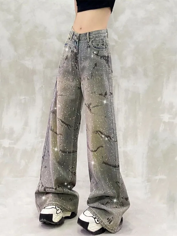 

Retro Hong Kong Sle fiti iny Rhinestone High Waist Loose Wide Leg Pants Women's New Korean Version Long Trousers Trendy