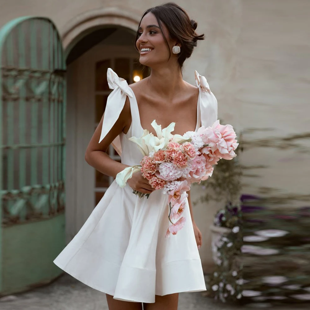 white-satin-short-wedding-dresses-square-neck-ruched-bow-wedding-party-a-line-mini-bridal-gown-zipper-vestido-do-novia