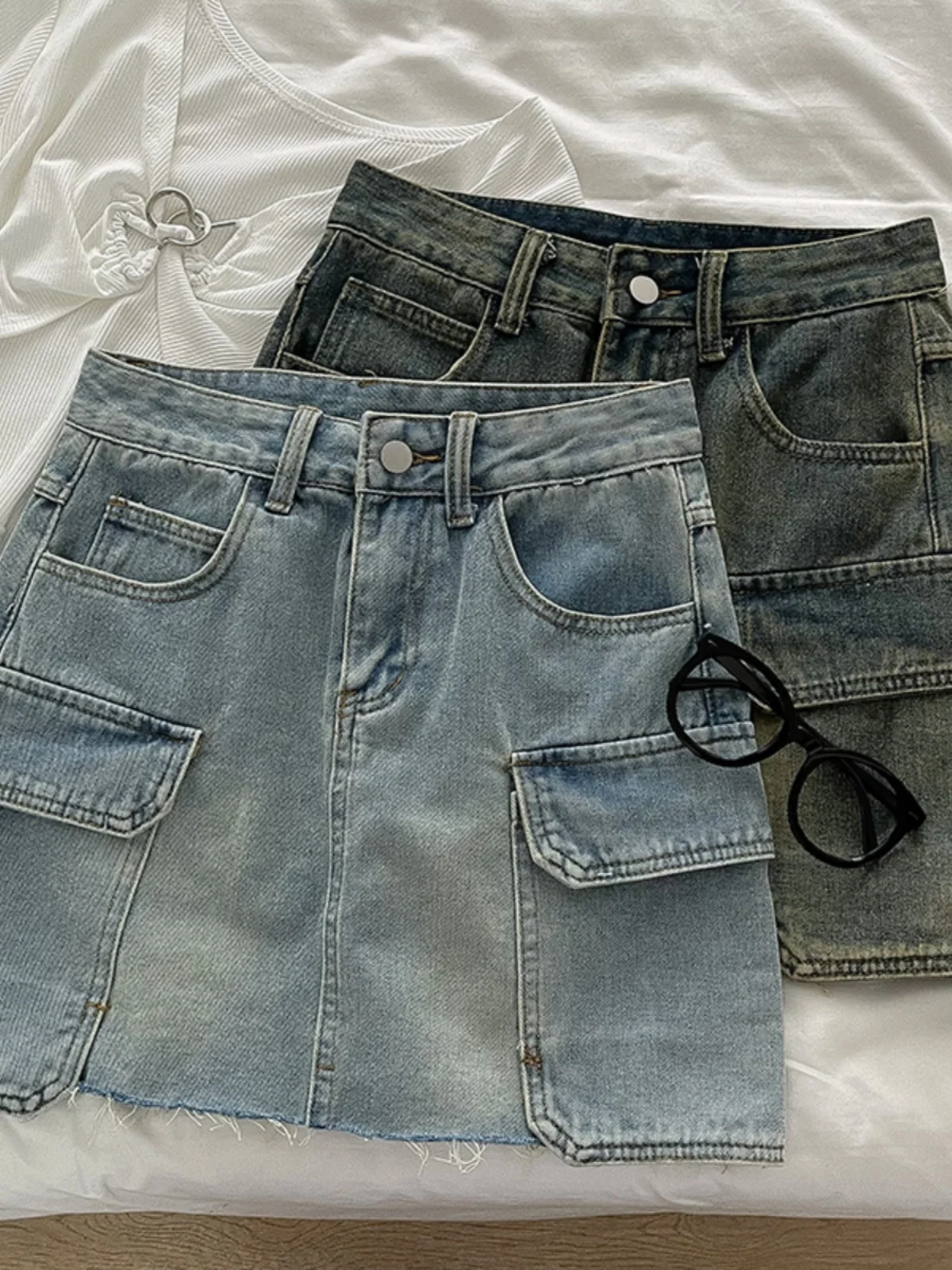 

Retro Workwear Denim Skirt 2024 Summer New Women's Short A-line Skirt Korean Style High Waisted Loose Pocket Mini Jeans Skirt