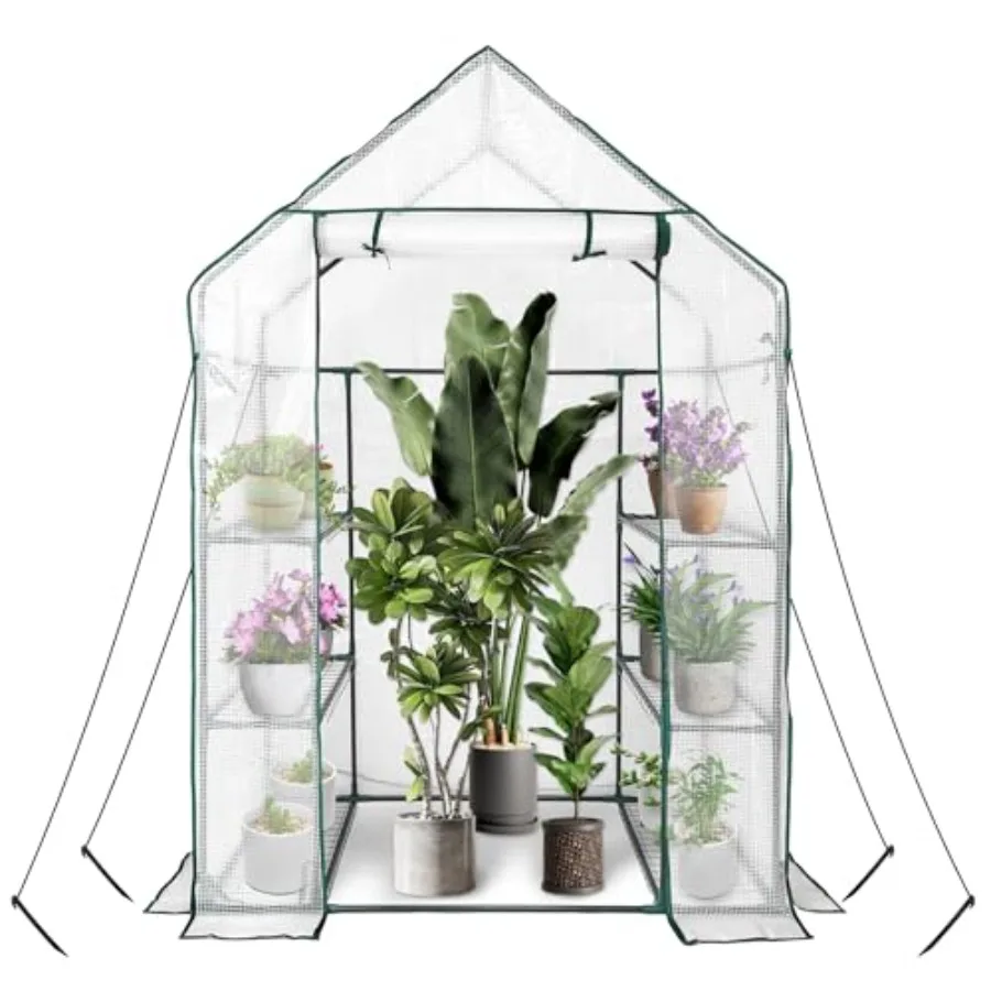 Walk in Greenhouse with 3 Tier 6 Shelves, 2 More Bottom Shelves Reinforced Plant House, Growhouse/Green House for Outdoor, PE C
