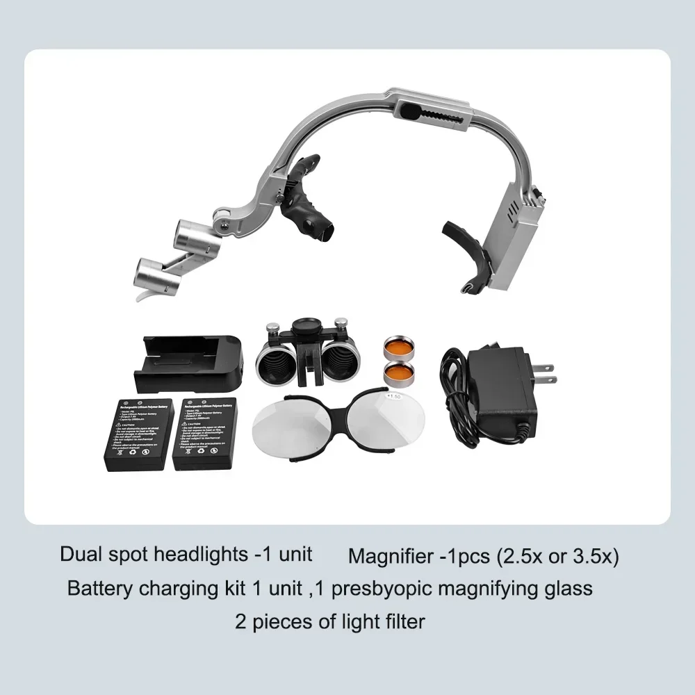 ELIJAH Dental LED 5W Lampada frontale 2.5X 3.5X Dentisit Faro chirurgico Ingrandimento Binoculare Lenti di ingrandimento Laboratorio Odontoiatria