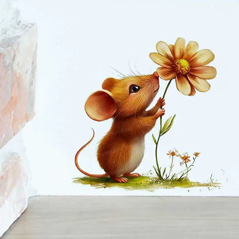 Cute Mouse Flower Wall Stickers Self-Adhesive Wallpaper for Children's Bedroom Animal Theme Home Decor Background AA282