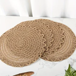 4pcs Farmhouse Burlap Placemats Wave Edge Weave Design Non-Slip Table Mats for Dining Decoration Natural Jute Material