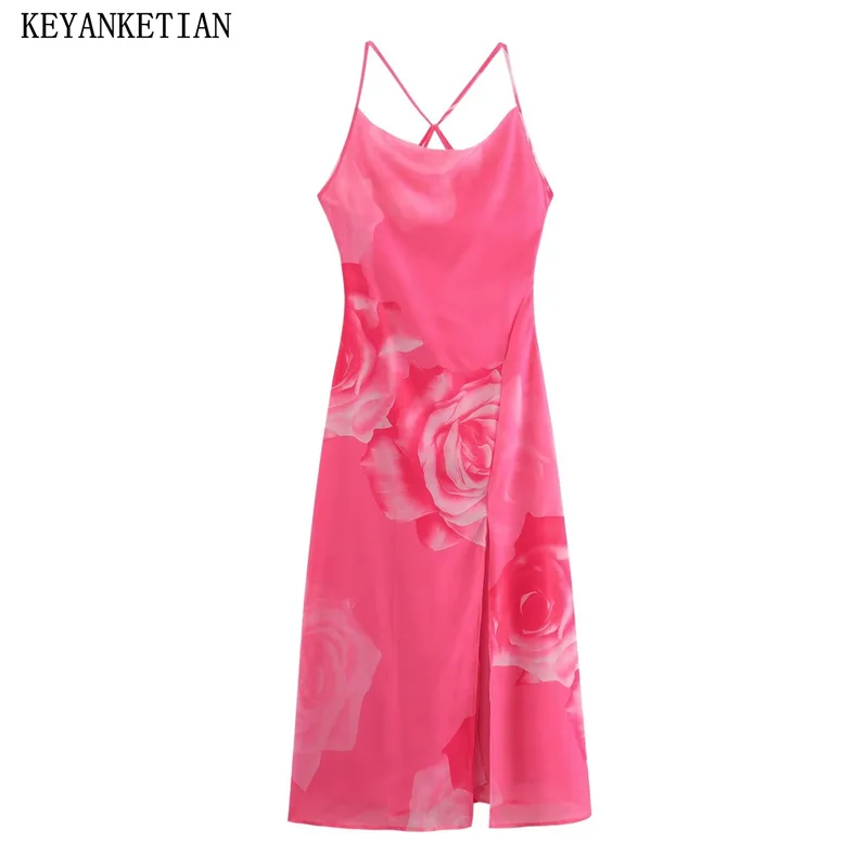 

KEYANKETIAN, новинка 2024 года, женское сексуальное платье с лямкой на шее с принтом роз, праздничные платья-миди с открытой спиной и перекрестными вставками, с разрезом сбоку