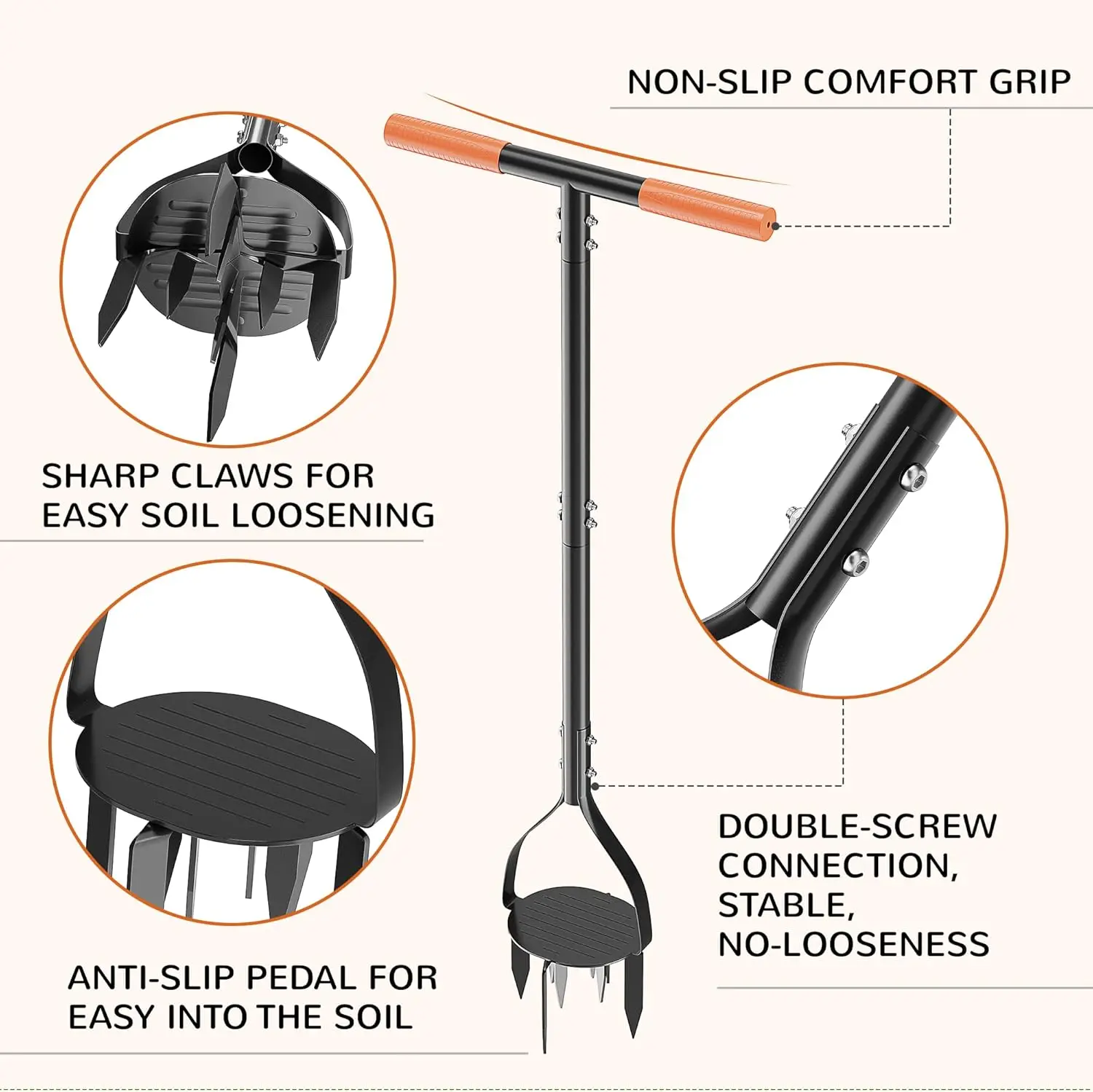 Gazonborenbeluchter 3-roestvrijstalen corerplugbeluchter Voorgemonteerd handmatig grasbeluchterhulpmiddel voor het verbeteren van de gazongezondheid