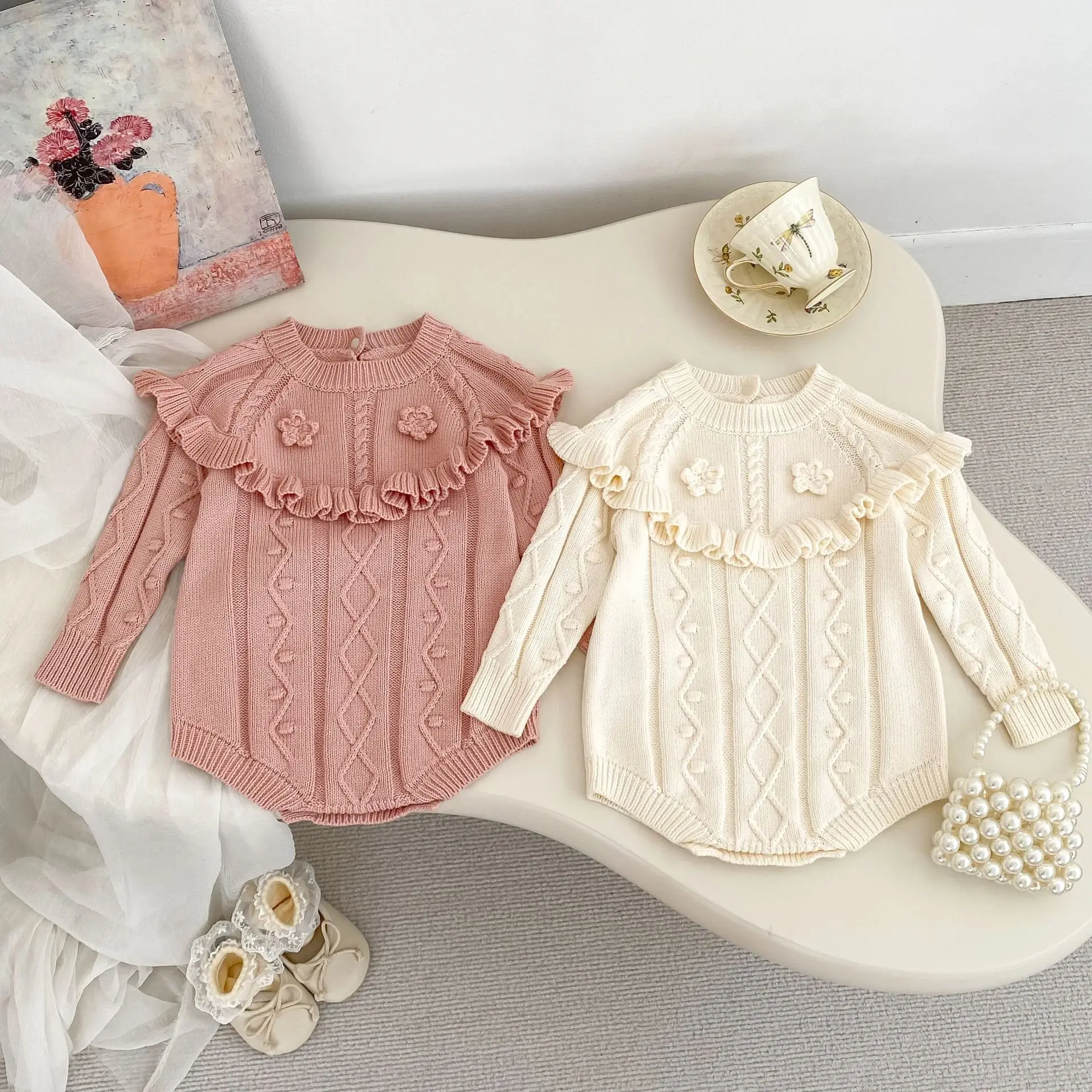 Infant Girl Sweet Flower Jumpsuit Cotton Newborn Toddler Clothes 0-24M 2025 Autumn New Baby Long Sleeve Knitted Bodysuit Solid