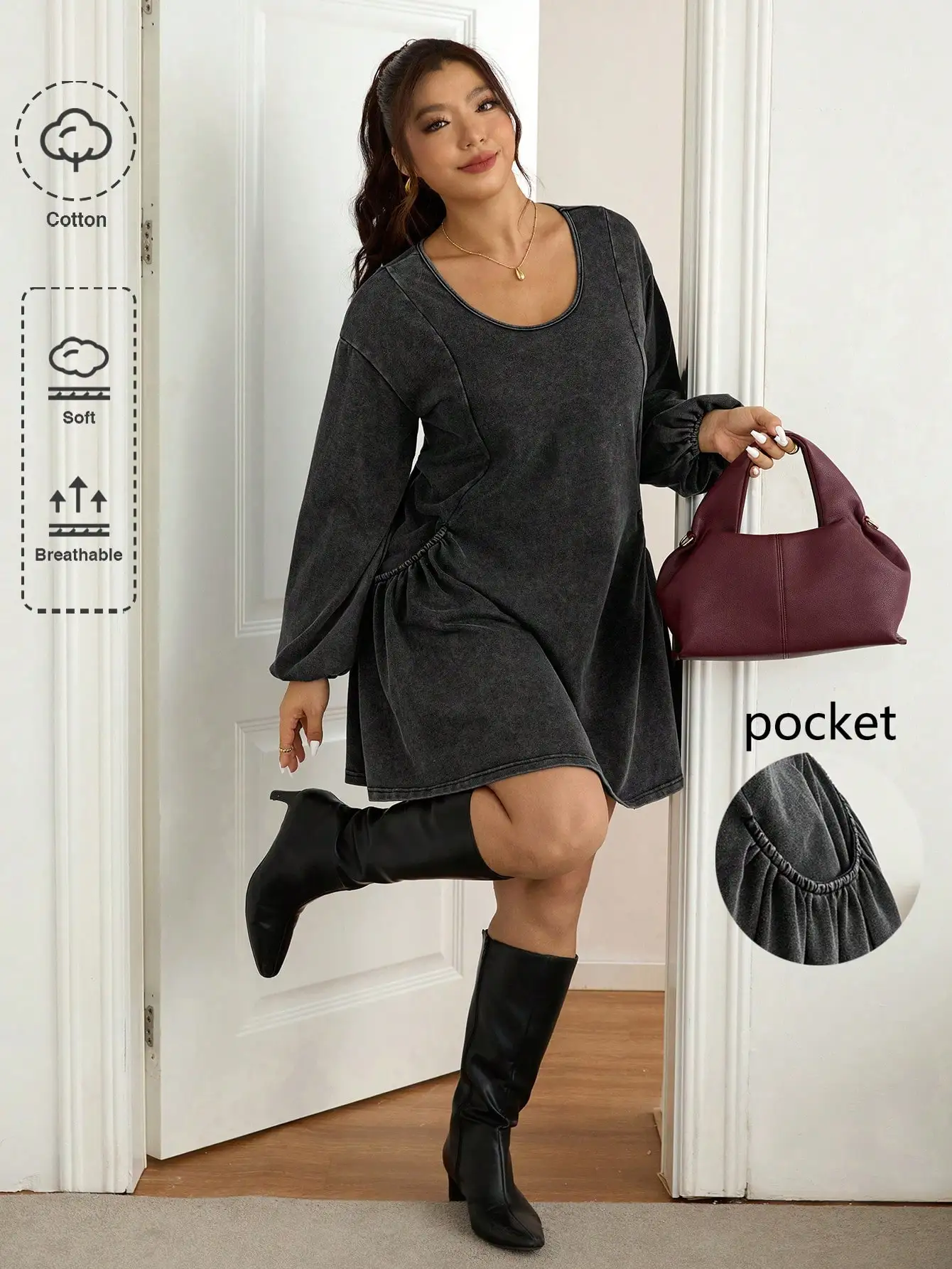 

Женское платье больших размеров с круглым вырезом и длинными рукавами, с боковыми карманами, из мягкого хлопка