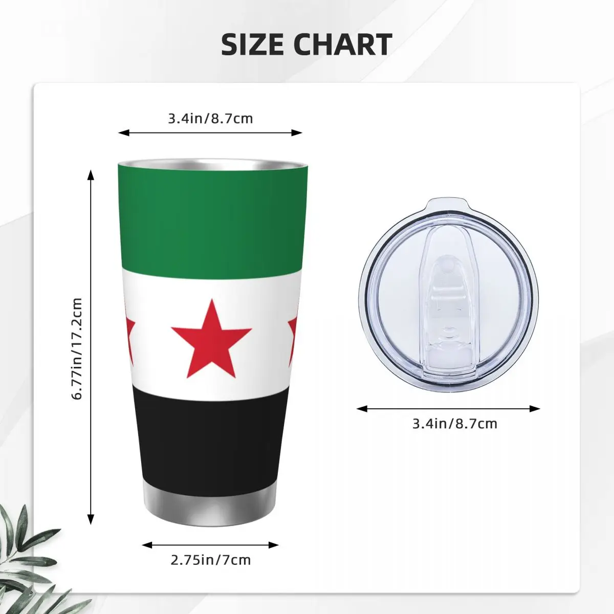 The Syrian Arab Republic Three Star Tumbler Vacuum Insulated Thermal Cup Stainless Steel Smoothie Tea Mug Water Bottle, 20oz