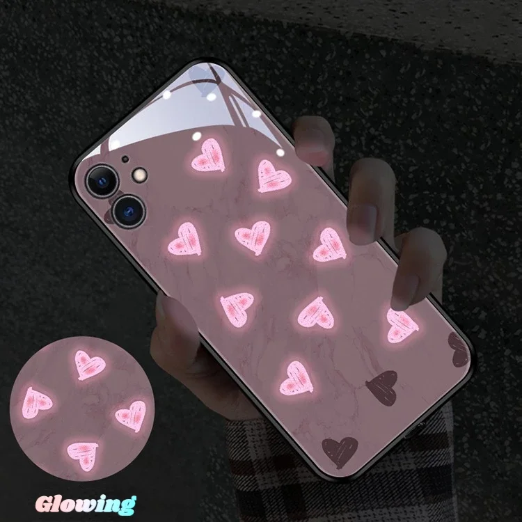 

Lovers' Heart LED Flash Case Glass Phone Cover For iPhone 15 14 13 12 11 Pro Max X XR XS 7 8 plus mini SE2020 Glow Coque Capa