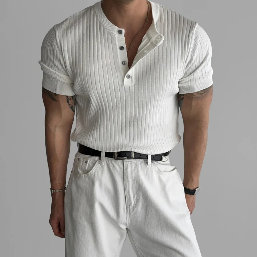 Henry Collar Short-sleeved Knitted T-shirt Men's Button Thread Business Slim Tees Summer Fitness Cool Ice Silk T-Shirts
