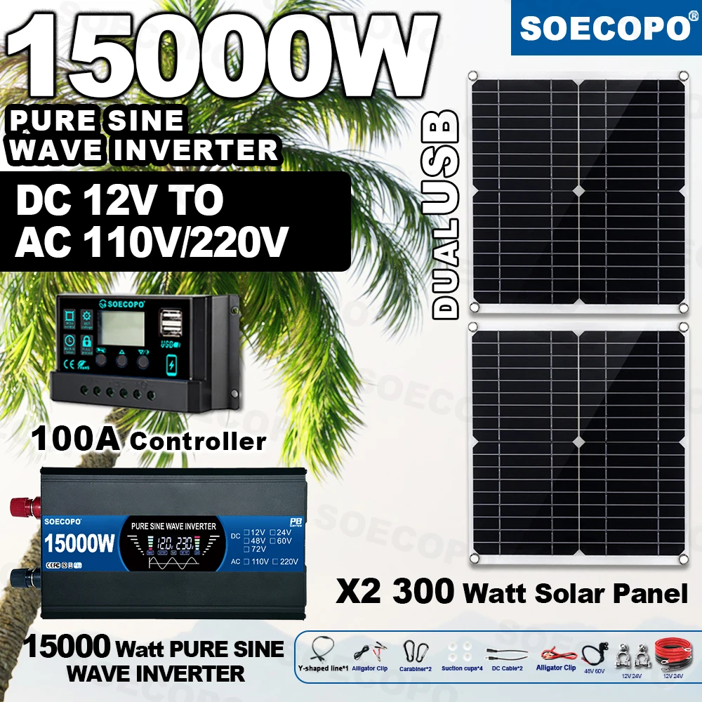

SOECOPO 15000W Solar Power System Kit 2*300W Panels 12V To 110V 220V Inverter and 100A Controller for Home Balcony Power Plant