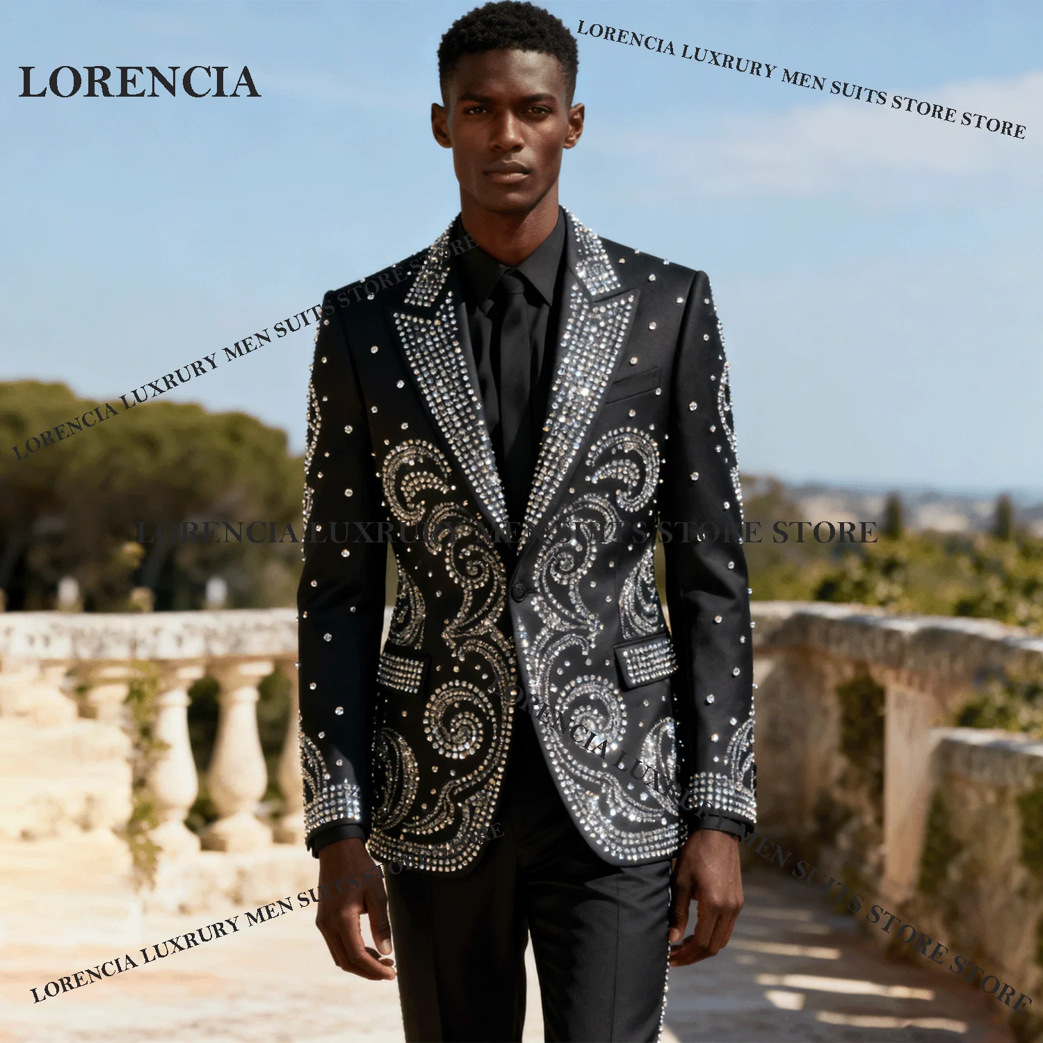 

Customized Men Suits High End Rhinestones Beaded Groom 2 Pieces Sets Elegant Tuxedos Diamond Male Party Prom Blazer Ropa Hombre