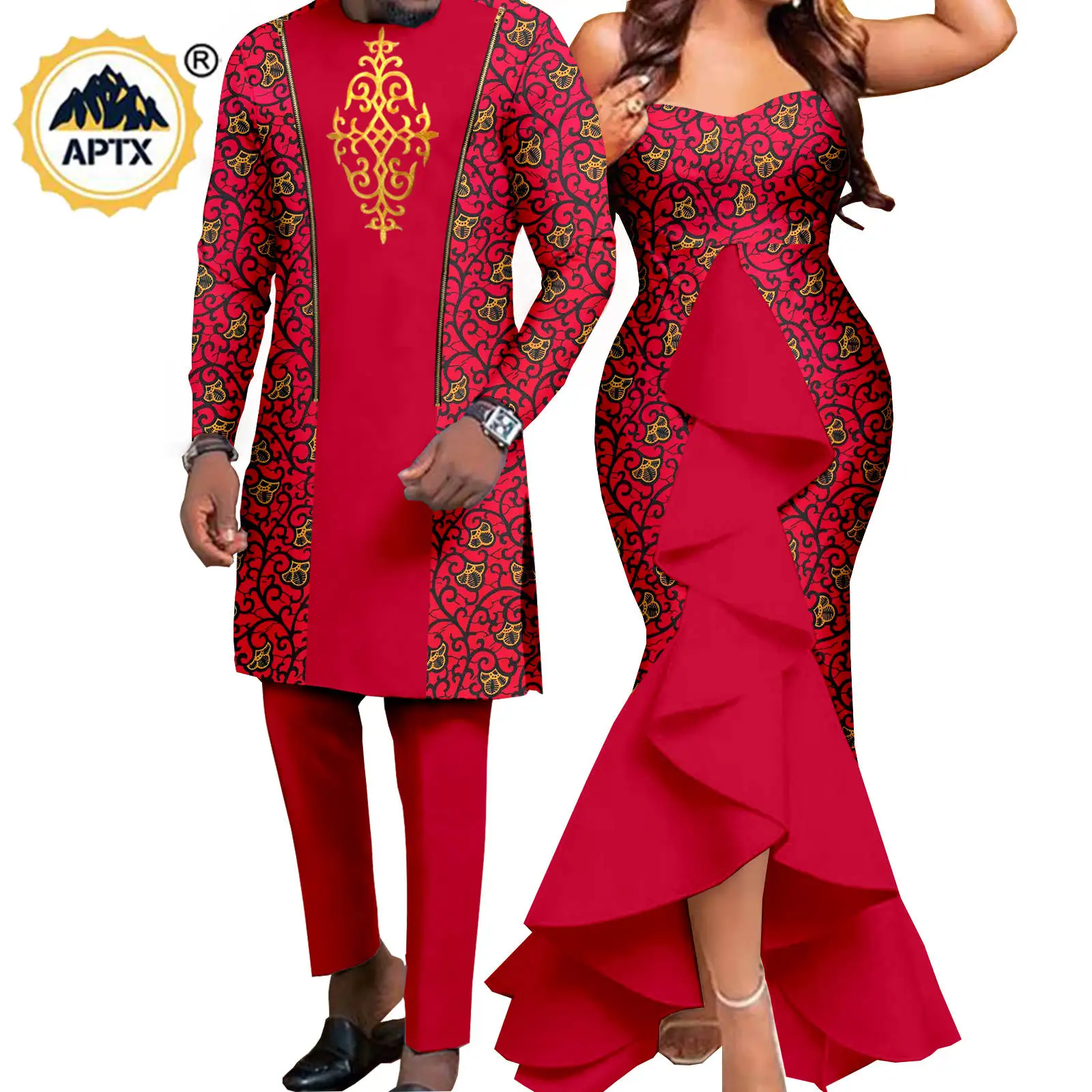 Dashiki African Women Mermaid Dresses Matching Men Outfits Pant Sets Bazin Riche African Couple Clothes for Wedding Y22C080