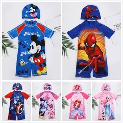 Baby Boys Cartoon Mickey Minnie Spiderman Sophia Elsa Print Swimwear Swimming One Piece Swimsuit Cap Suit Beachwear Girl Clothes