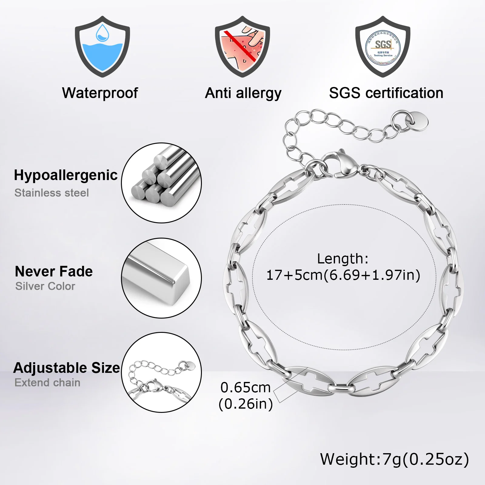 Lässige Hohlkreuz-Kettenarmbänder für Herren, Hip-Hop-Edelstahl-Anhänger, verstellbares Armband, Geschenk – Detail 1