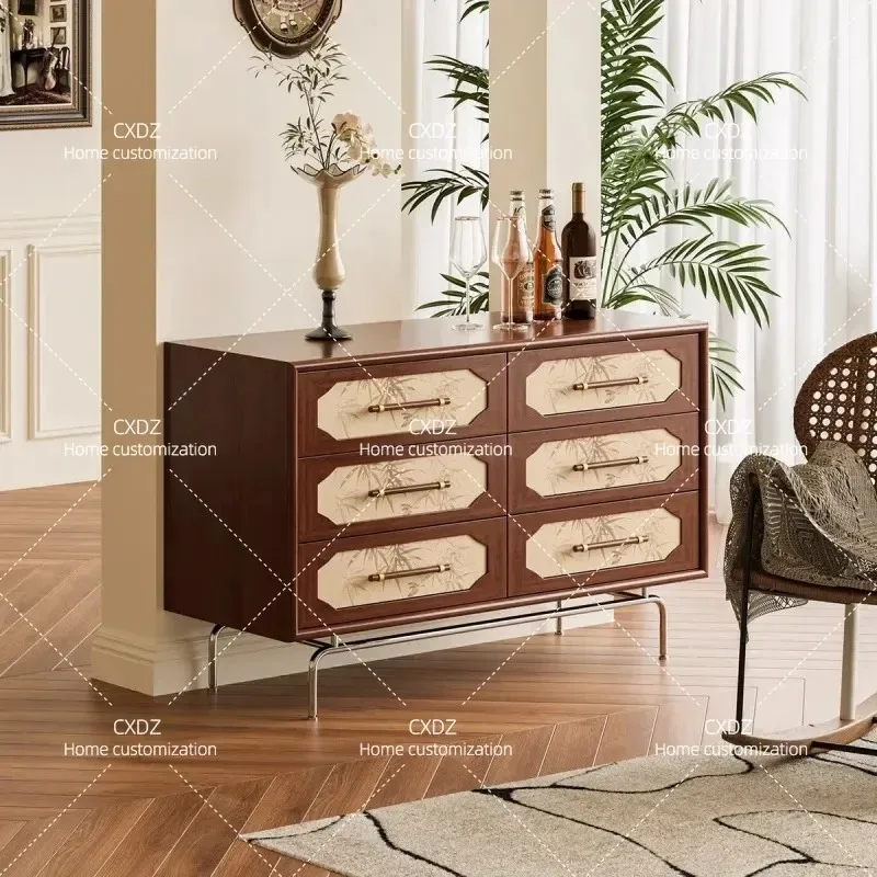 Medieval Style Solid Wood Bamboo Leaf Bucket Cabinet Living Room Bedroom Art Locker Movable Storage Cabinet