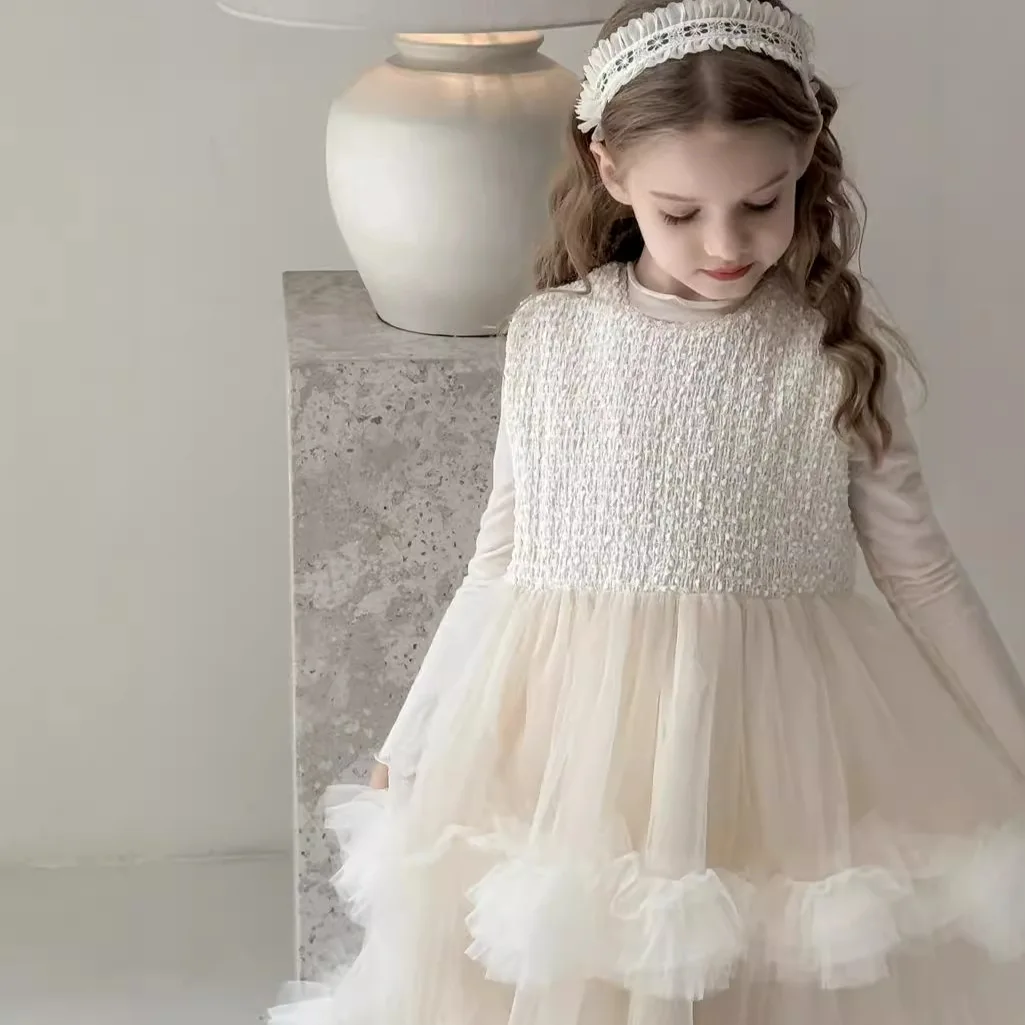 Beige Heavy Industry Mesh Princess Vest Skirt Casual Fashion Baby Girl Clothes Lace Princess Romantic