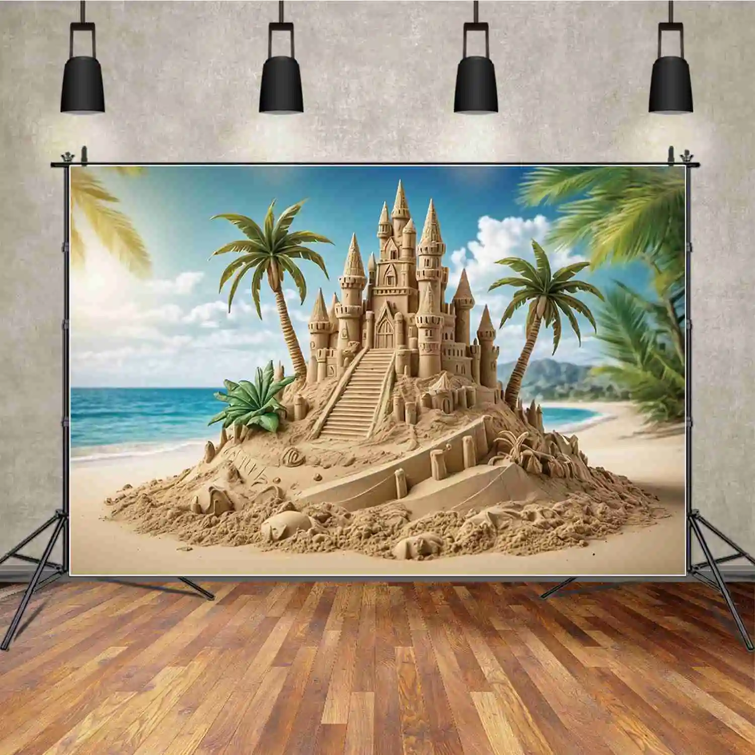 MOON.QG Tropical Beach Sand Castle Children Photography Backdrop Summer Holiday Beach Background Sign Birthday Party Decorations