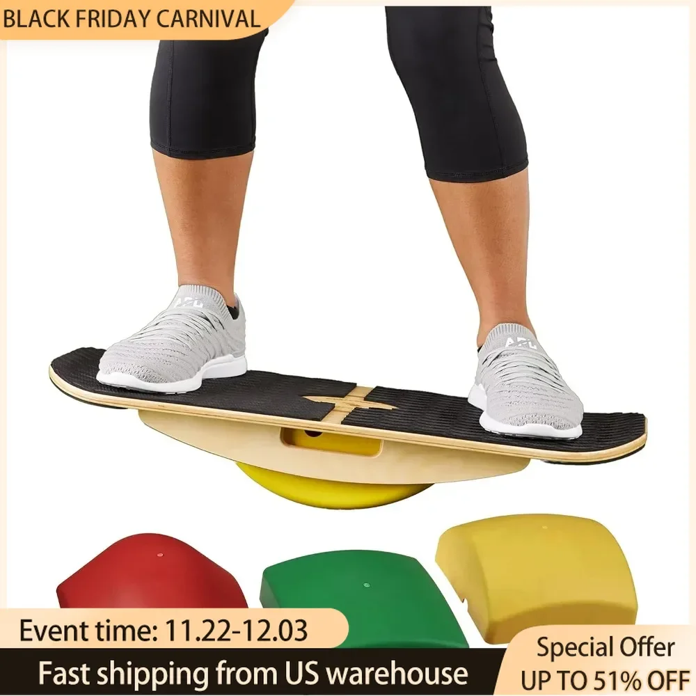 Bamboo Balance Board for Office, Standing Desks, Surfing, SUP, Yoga, Exercise! Includes 3 Balance Modules (EVA Foam)