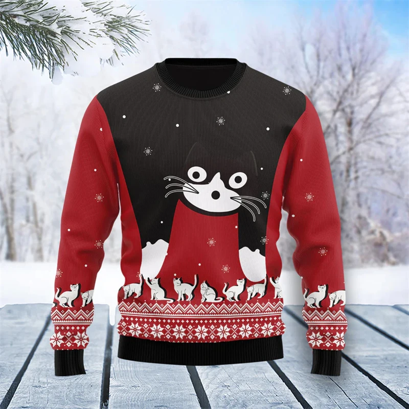 New In Cute Cat Ugly Christmas Sweater Mens Funny Cats Graphic Sweatshirts Fashion Kids Pullovers Loose Streetwear Tracksuit