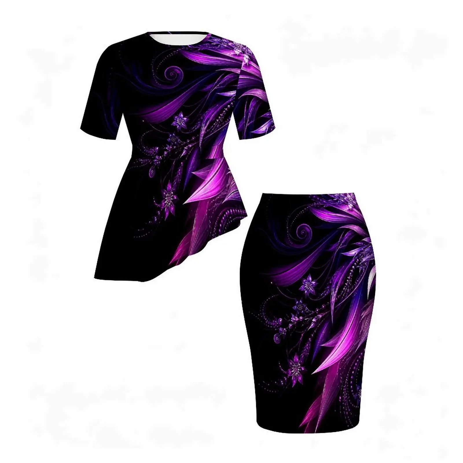 Women Printed Purple Blue Abstract Floral Round Neck Short Sleeve Asymmetric Top and Fitted Skirt Two Piece Set