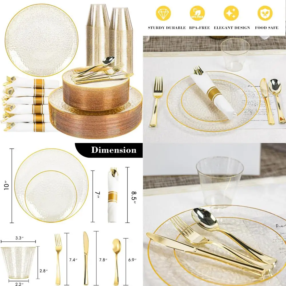 

Plastic Dinnerware Set for 50 Guests: 50 Dinner Plates, 50 Dessert Plates, 50 Cups, Gold Rimmed Party Supplies
