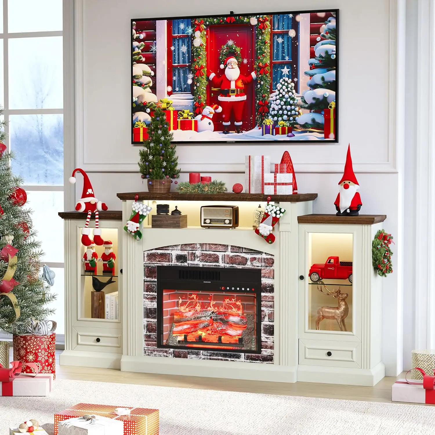 

Электрическая тумба под телевизор с камином 70 дюймов, камином 23 дюйма, светодиодной подсветкой, шкафами для хранения и выдвижными ящиками, в современном фермерском стиле, на заказ