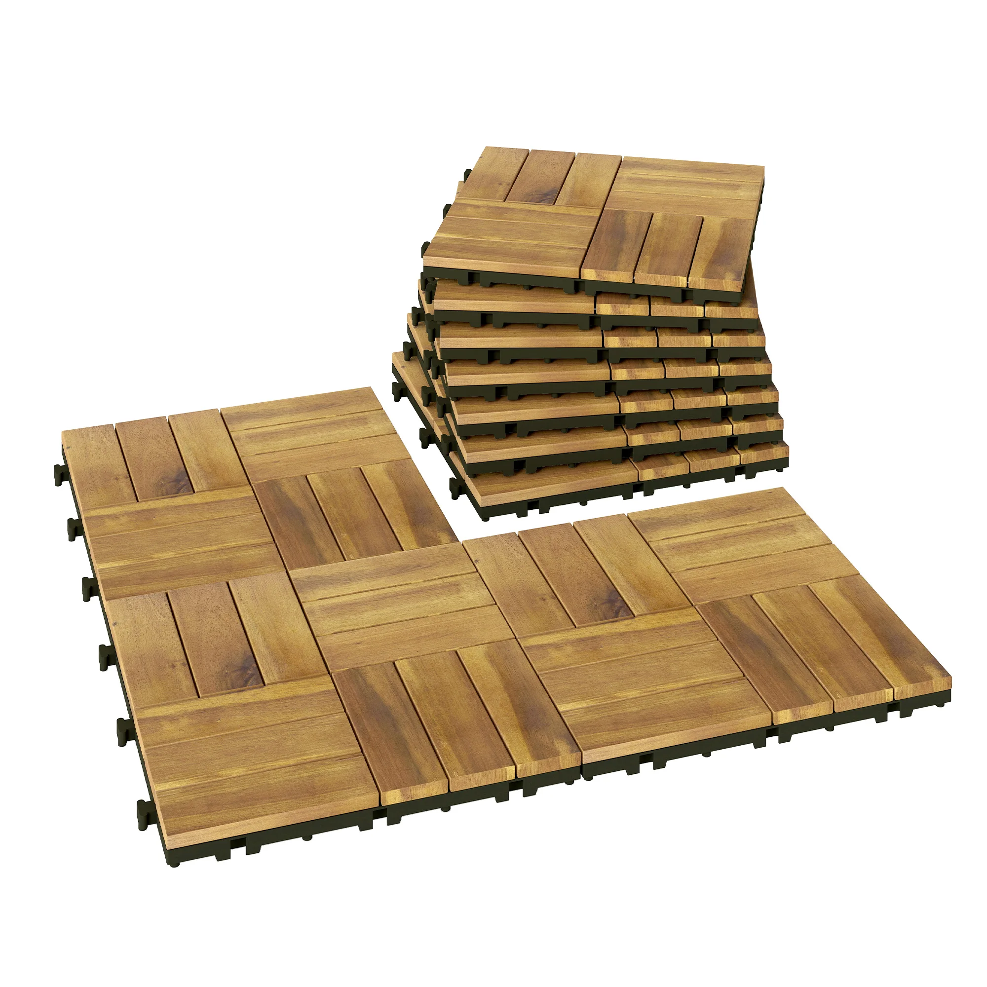 Outsunny Set van 10 Stuks Acacia Houten Buitenplaten, 31x31 Cm, 0,91 M², Buitenterrasvloer, Antislip en Weerbestendig, Eenvoudige Installatie, voor Terras, Natuurlijk