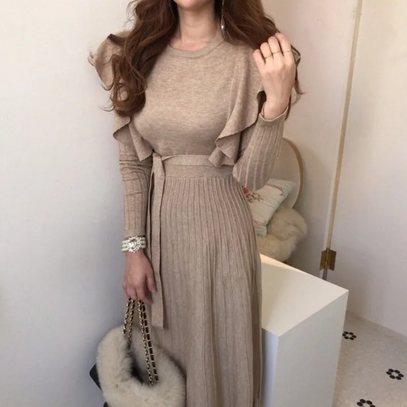 

2025 Autumn/Winter New Style Elegant Frill-edged Corseted Lace Knit Dress with Drawstrings - Long-Sleeved Women's Sweater