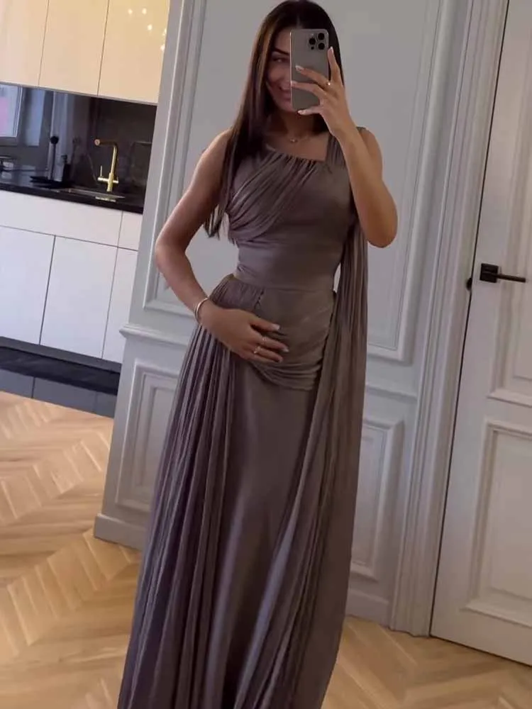 Femmes élégantes plissées irrégulière robe Maxi Chic Patchwork sans manches ruban Satin soirée robe de bal 2025 tempérament robe longue