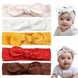 3/4/5pc Gold Stamp Top Knotted Headband Baby Girls Muslin Cotton Bunny Ear Turban Floral Prints Bow Elastic Hairband for Kids