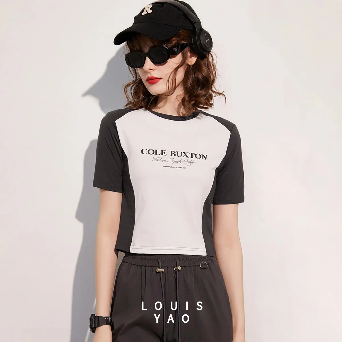 LOUISYAO Fun Letter Graphic T-Shirt 2025 Summer Women Cotton Contrast Color Y2K Round Neck Short Sleeve Tee