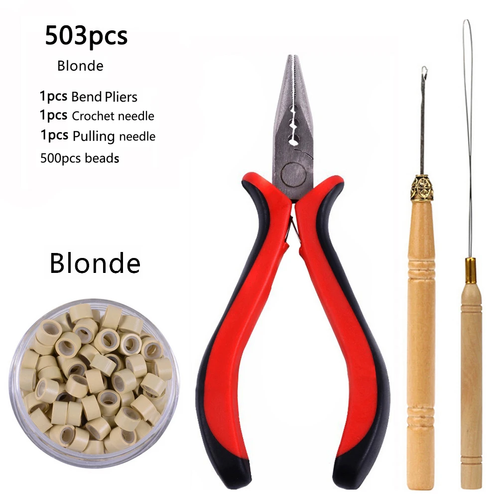 

Hair Extension Tools Kit – Pliers - Pulling Hook - Bead Device Tool Kits with 500 Pieces Silicone Lined Micro Rings