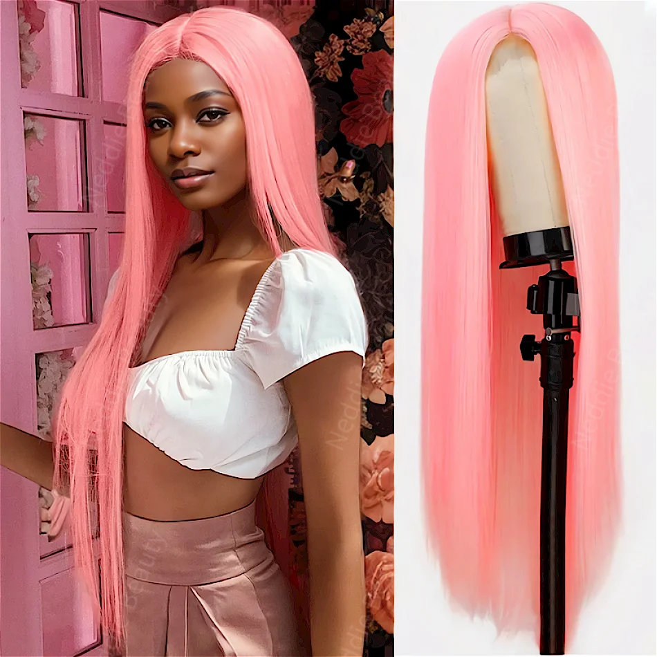 Peruca de cabelo humano reta colorida para mulheres, extremidade completa, rosa, transparente, pré-arrancada, brasileira, frontal de renda HD, 30 ", 40", 100%