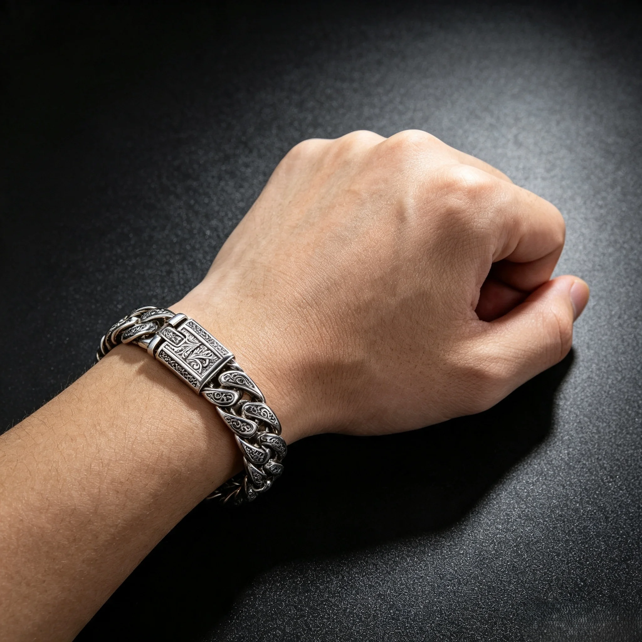 S925 Sterling Silver Thick Cuban Link Bracelet Vintage Engraved Buckle Biker Punk Heavy Curb Chain Wrist Jewelry Gift