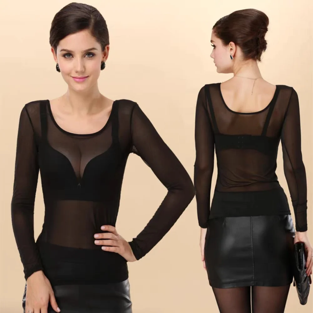 

Sexy Women T Shirt See Through Mesh Tops Transparent Sheer Slim Ladies Tee Tops Sunscreen Tops Long Sleeve Bottoming Shirts Hot